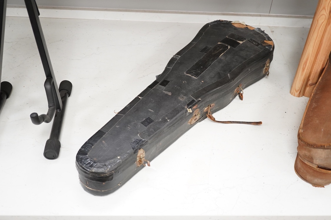 A cased late 19th century German Mittenwald violin with lion’s head scroll, and two bows, Ivory submission ref: RP2E5HT1